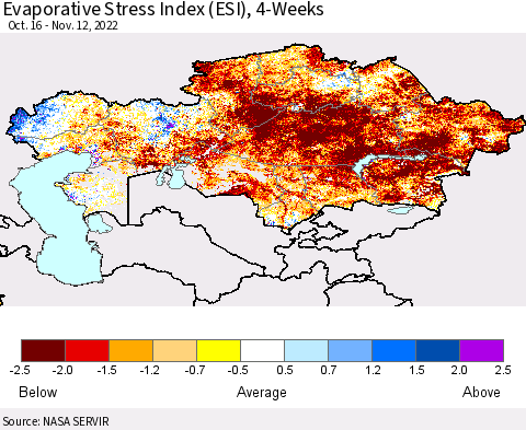 Kazakhstan Evaporative Stress Index (ESI), 4-Weeks Thematic Map For 11/7/2022 - 11/13/2022