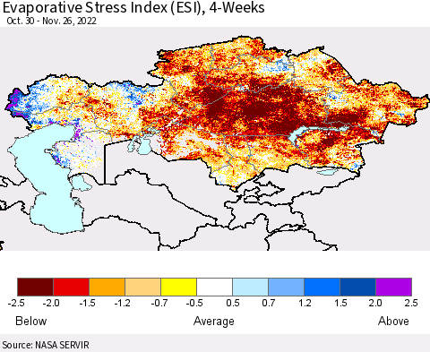 Kazakhstan Evaporative Stress Index (ESI), 4-Weeks Thematic Map For 11/21/2022 - 11/27/2022