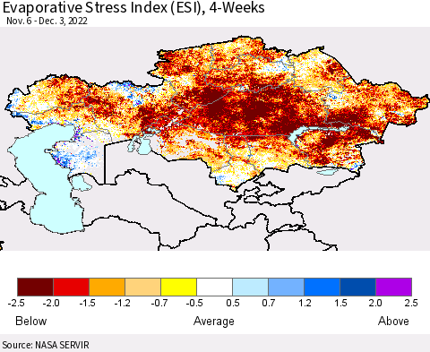 Kazakhstan Evaporative Stress Index (ESI), 4-Weeks Thematic Map For 11/28/2022 - 12/4/2022