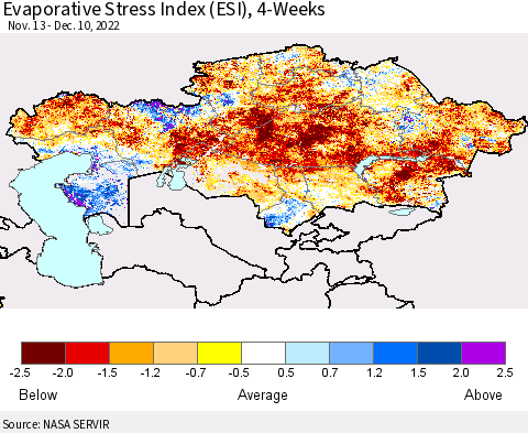 Kazakhstan Evaporative Stress Index (ESI), 4-Weeks Thematic Map For 12/5/2022 - 12/11/2022