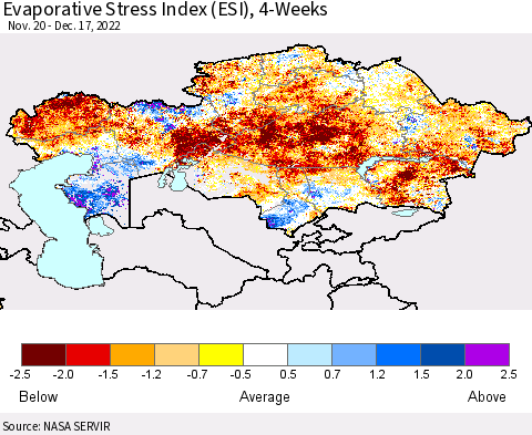 Kazakhstan Evaporative Stress Index (ESI), 4-Weeks Thematic Map For 12/12/2022 - 12/18/2022