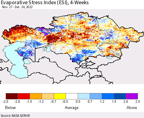 Kazakhstan Evaporative Stress Index (ESI), 4-Weeks Thematic Map For 12/19/2022 - 12/25/2022