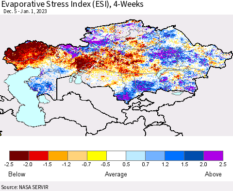 Kazakhstan Evaporative Stress Index (ESI), 4-Weeks Thematic Map For 12/26/2022 - 1/1/2023