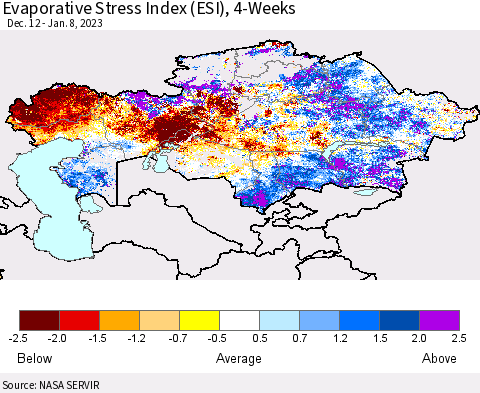 Kazakhstan Evaporative Stress Index (ESI), 4-Weeks Thematic Map For 1/2/2023 - 1/8/2023