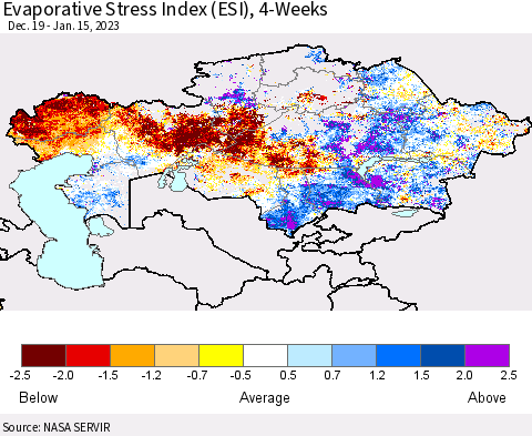 Kazakhstan Evaporative Stress Index (ESI), 4-Weeks Thematic Map For 1/9/2023 - 1/15/2023