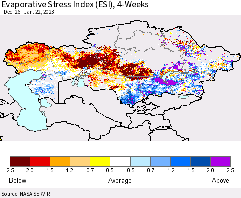 Kazakhstan Evaporative Stress Index (ESI), 4-Weeks Thematic Map For 1/16/2023 - 1/22/2023