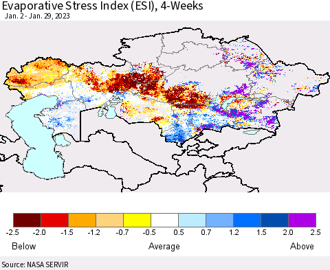 Kazakhstan Evaporative Stress Index (ESI), 4-Weeks Thematic Map For 1/23/2023 - 1/29/2023