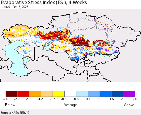 Kazakhstan Evaporative Stress Index (ESI), 4-Weeks Thematic Map For 1/30/2023 - 2/5/2023