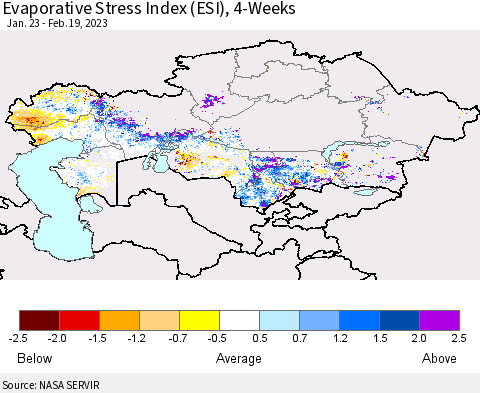 Kazakhstan Evaporative Stress Index (ESI), 4-Weeks Thematic Map For 2/13/2023 - 2/19/2023
