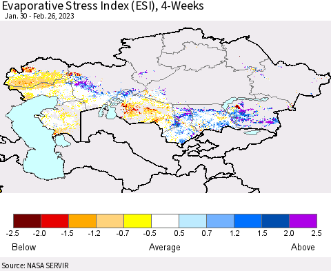 Kazakhstan Evaporative Stress Index (ESI), 4-Weeks Thematic Map For 2/20/2023 - 2/26/2023
