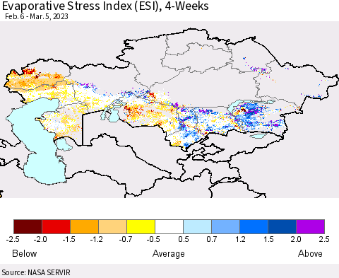 Kazakhstan Evaporative Stress Index (ESI), 4-Weeks Thematic Map For 2/27/2023 - 3/5/2023