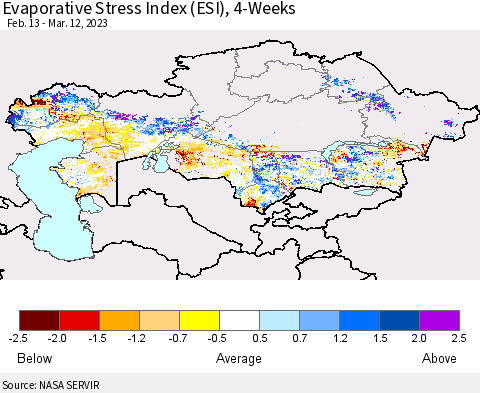 Kazakhstan Evaporative Stress Index (ESI), 4-Weeks Thematic Map For 3/6/2023 - 3/12/2023