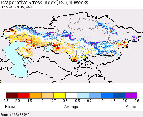 Kazakhstan Evaporative Stress Index (ESI), 4-Weeks Thematic Map For 3/13/2023 - 3/19/2023