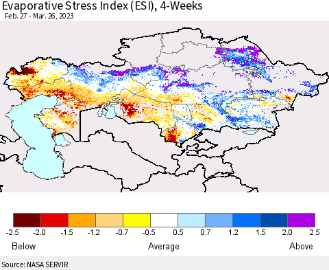 Kazakhstan Evaporative Stress Index (ESI), 4-Weeks Thematic Map For 3/20/2023 - 3/26/2023