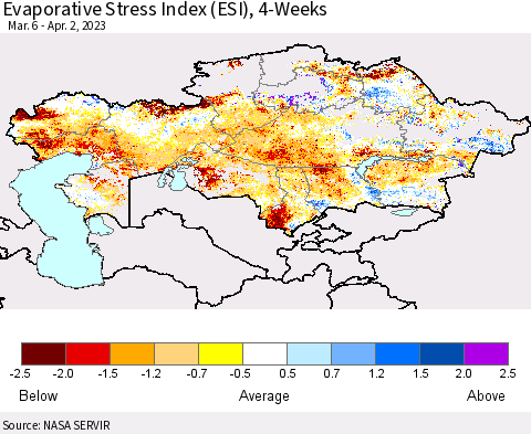 Kazakhstan Evaporative Stress Index (ESI), 4-Weeks Thematic Map For 3/27/2023 - 4/2/2023