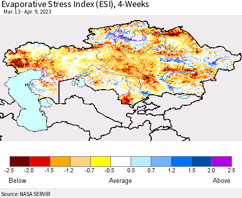 Kazakhstan Evaporative Stress Index (ESI), 4-Weeks Thematic Map For 4/3/2023 - 4/9/2023