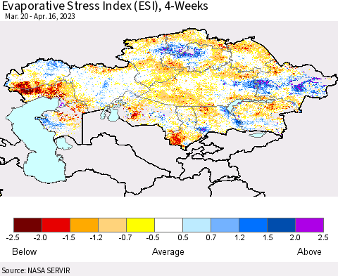 Kazakhstan Evaporative Stress Index (ESI), 4-Weeks Thematic Map For 4/10/2023 - 4/16/2023