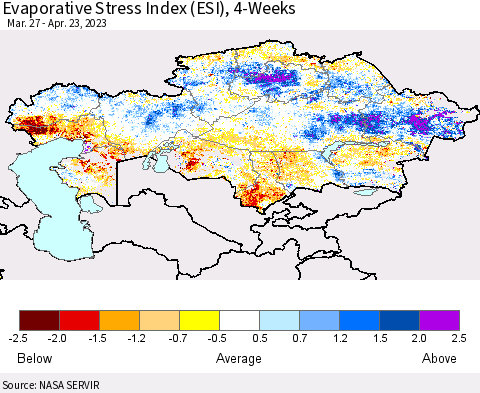 Kazakhstan Evaporative Stress Index (ESI), 4-Weeks Thematic Map For 4/17/2023 - 4/23/2023