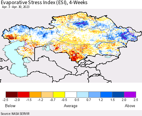 Kazakhstan Evaporative Stress Index (ESI), 4-Weeks Thematic Map For 4/24/2023 - 4/30/2023