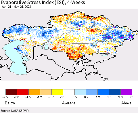 Kazakhstan Evaporative Stress Index (ESI), 4-Weeks Thematic Map For 5/15/2023 - 5/21/2023