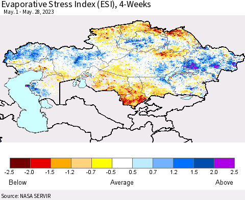 Kazakhstan Evaporative Stress Index (ESI), 4-Weeks Thematic Map For 5/22/2023 - 5/28/2023
