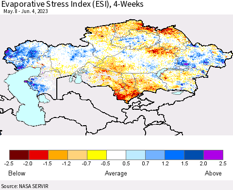 Kazakhstan Evaporative Stress Index (ESI), 4-Weeks Thematic Map For 5/29/2023 - 6/4/2023