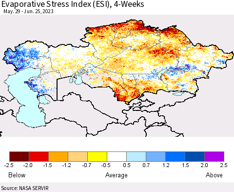 Kazakhstan Evaporative Stress Index (ESI), 4-Weeks Thematic Map For 6/19/2023 - 6/25/2023