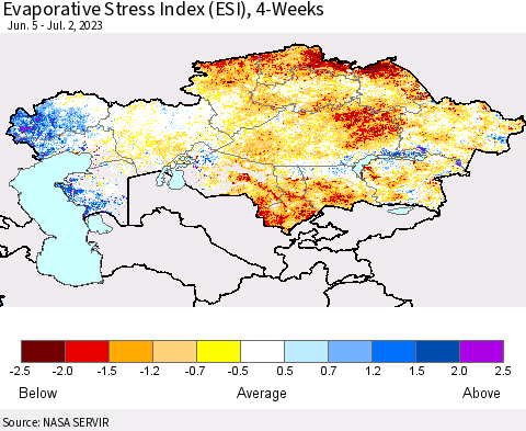 Kazakhstan Evaporative Stress Index (ESI), 4-Weeks Thematic Map For 6/26/2023 - 7/2/2023