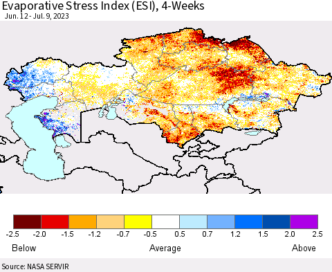 Kazakhstan Evaporative Stress Index (ESI), 4-Weeks Thematic Map For 7/3/2023 - 7/9/2023