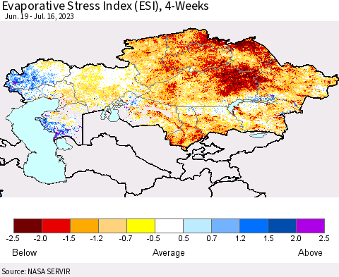 Kazakhstan Evaporative Stress Index (ESI), 4-Weeks Thematic Map For 7/10/2023 - 7/16/2023