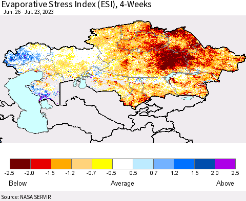 Kazakhstan Evaporative Stress Index (ESI), 4-Weeks Thematic Map For 7/17/2023 - 7/23/2023