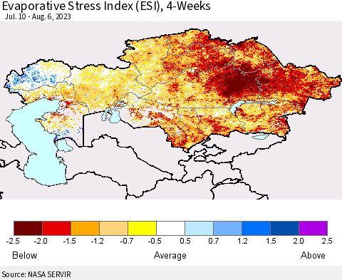 Kazakhstan Evaporative Stress Index (ESI), 4-Weeks Thematic Map For 7/31/2023 - 8/6/2023