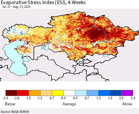 Kazakhstan Evaporative Stress Index (ESI), 4-Weeks Thematic Map For 8/7/2023 - 8/13/2023