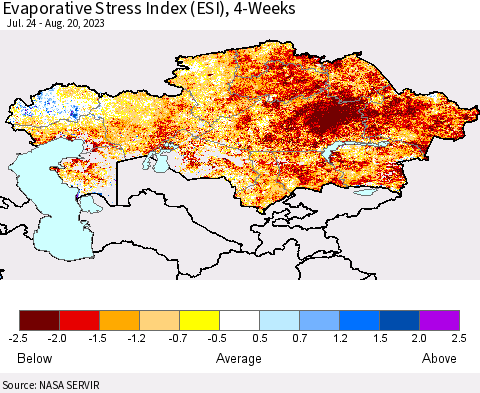Kazakhstan Evaporative Stress Index (ESI), 4-Weeks Thematic Map For 8/14/2023 - 8/20/2023
