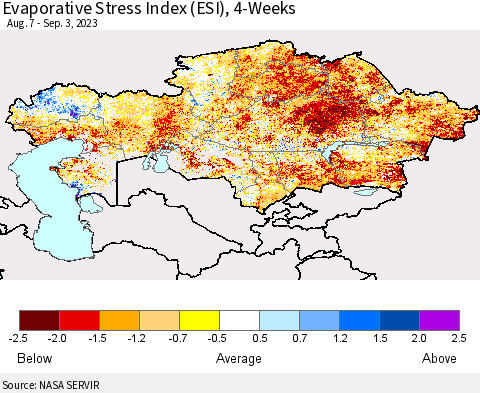 Kazakhstan Evaporative Stress Index (ESI), 4-Weeks Thematic Map For 8/28/2023 - 9/3/2023