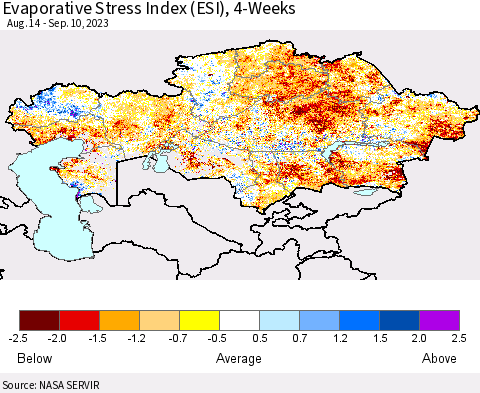 Kazakhstan Evaporative Stress Index (ESI), 4-Weeks Thematic Map For 9/4/2023 - 9/10/2023