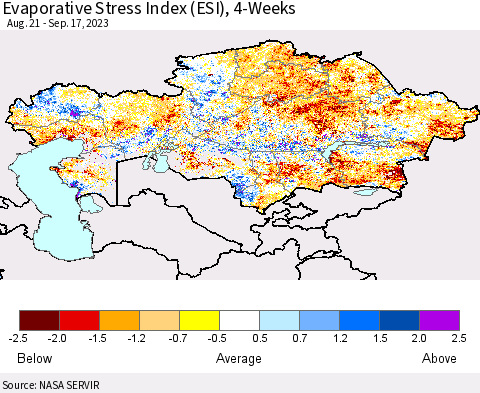 Kazakhstan Evaporative Stress Index (ESI), 4-Weeks Thematic Map For 9/11/2023 - 9/17/2023