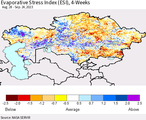 Kazakhstan Evaporative Stress Index (ESI), 4-Weeks Thematic Map For 9/18/2023 - 9/24/2023