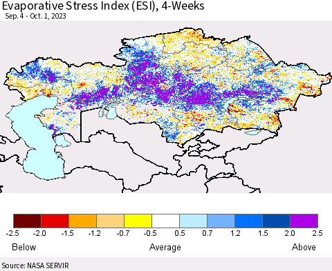 Kazakhstan Evaporative Stress Index (ESI), 4-Weeks Thematic Map For 9/25/2023 - 10/1/2023