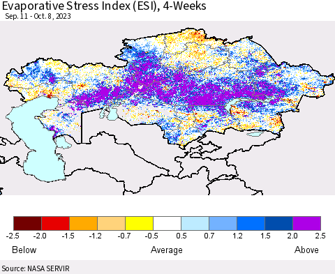 Kazakhstan Evaporative Stress Index (ESI), 4-Weeks Thematic Map For 10/2/2023 - 10/8/2023