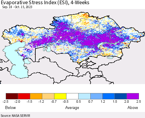 Kazakhstan Evaporative Stress Index (ESI), 4-Weeks Thematic Map For 10/9/2023 - 10/15/2023