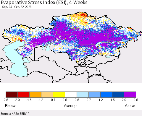 Kazakhstan Evaporative Stress Index (ESI), 4-Weeks Thematic Map For 10/16/2023 - 10/22/2023