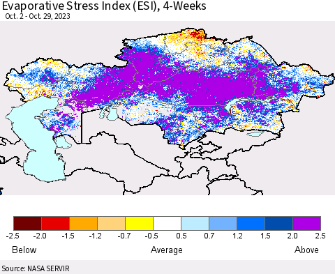Kazakhstan Evaporative Stress Index (ESI), 4-Weeks Thematic Map For 10/23/2023 - 10/29/2023