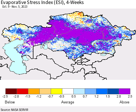 Kazakhstan Evaporative Stress Index (ESI), 4-Weeks Thematic Map For 10/30/2023 - 11/5/2023