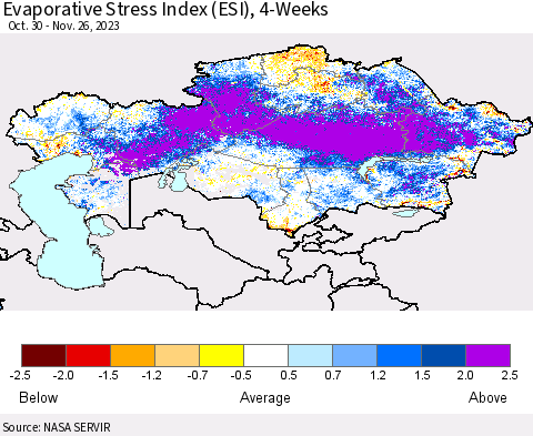 Kazakhstan Evaporative Stress Index (ESI), 4-Weeks Thematic Map For 11/20/2023 - 11/26/2023