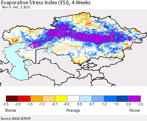 Kazakhstan Evaporative Stress Index (ESI), 4-Weeks Thematic Map For 11/27/2023 - 12/3/2023