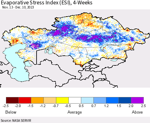 Kazakhstan Evaporative Stress Index (ESI), 4-Weeks Thematic Map For 12/4/2023 - 12/10/2023