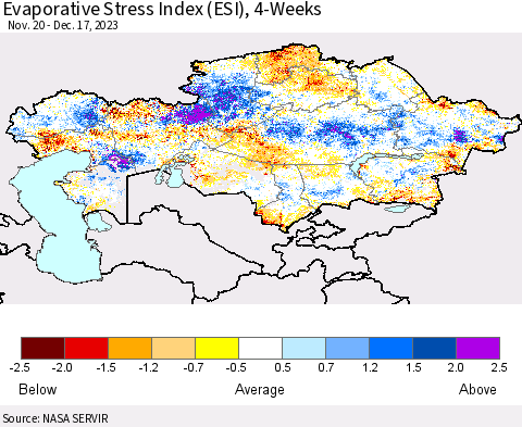Kazakhstan Evaporative Stress Index (ESI), 4-Weeks Thematic Map For 12/11/2023 - 12/17/2023