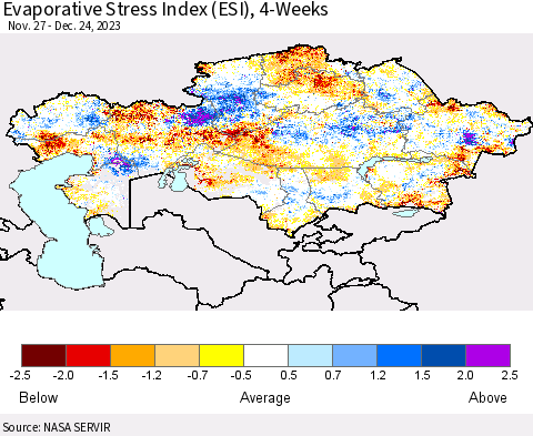 Kazakhstan Evaporative Stress Index (ESI), 4-Weeks Thematic Map For 12/18/2023 - 12/24/2023
