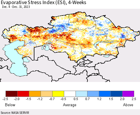 Kazakhstan Evaporative Stress Index (ESI), 4-Weeks Thematic Map For 12/25/2023 - 12/31/2023